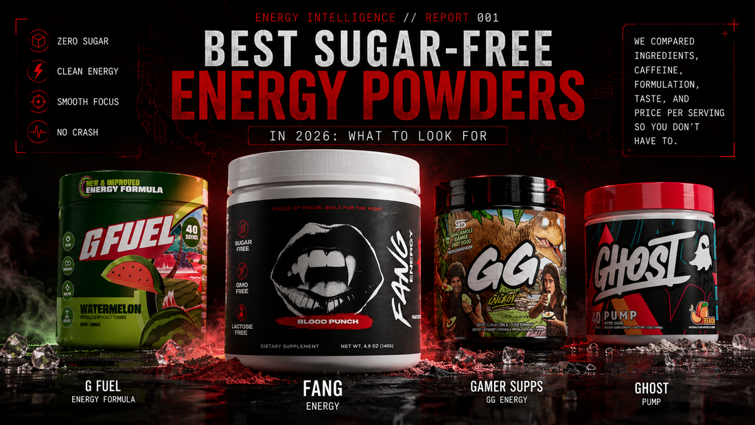 Best Sugar-Free Energy Powders in 2026: What to Look For — comparison of FANG Blood Punch, G FUEL, Gamer Supps, and GHOST energy powders