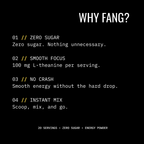 A black promotional graphic with white text reading 'WHY FANG?' and four benefit points: zero sugar, smooth focus with 100 mg L-theanine per serving, no crash, and instant mix. Small text at the bottom says 20 servings, zero sugar, energy powder.