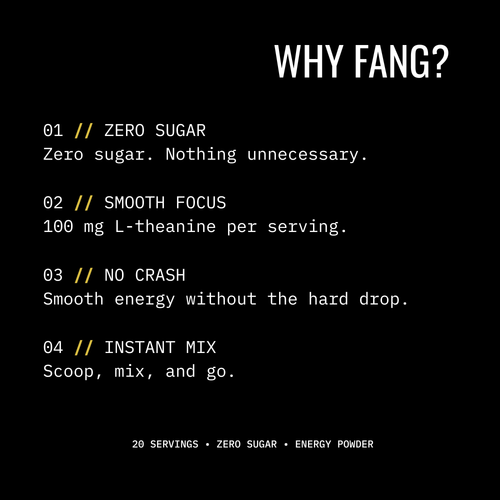 A black promotional graphic with white text reading 'WHY FANG?' and four benefit points: zero sugar, smooth focus with 100 mg L-theanine per serving, no crash, and instant mix. Small text at the bottom says 20 servings, zero sugar, energy powder.